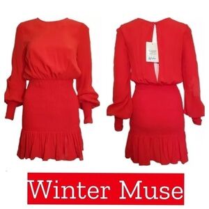 Revolve Winter Muse JASMINE Mini Dress lantern sleeve hot red dress. Valentines